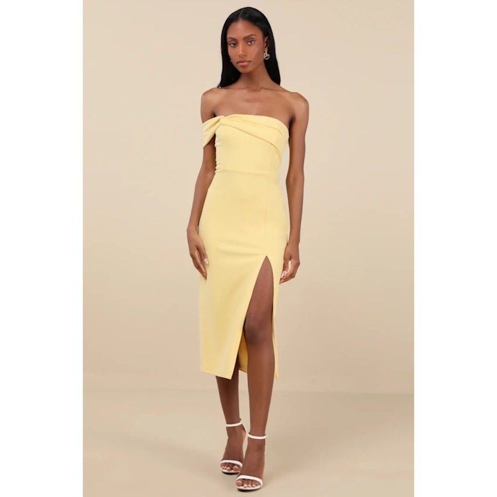 Lulus Yellow One-Shoulder Bodycon Midi Dress with Side Slit twist & make up M